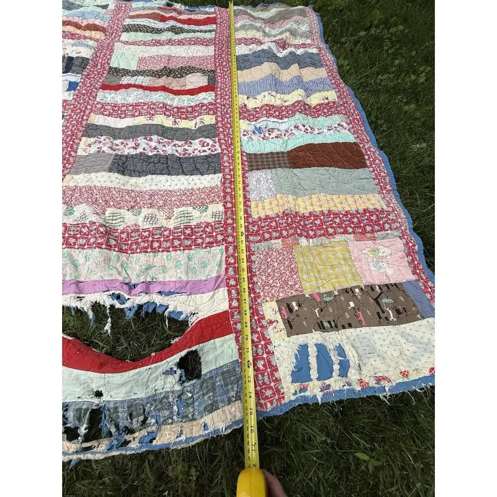 Antique Vtg 1920’s CRAZY QUILT Multi-Color Feed Sack Cowboys 78” **Needs Repair
